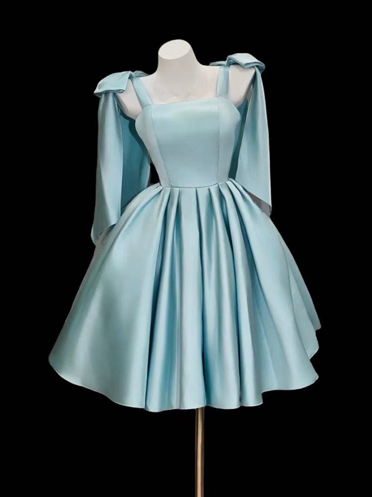 A-Line Satin Blue Short Classy Prom Dress With Bow Tie Main image