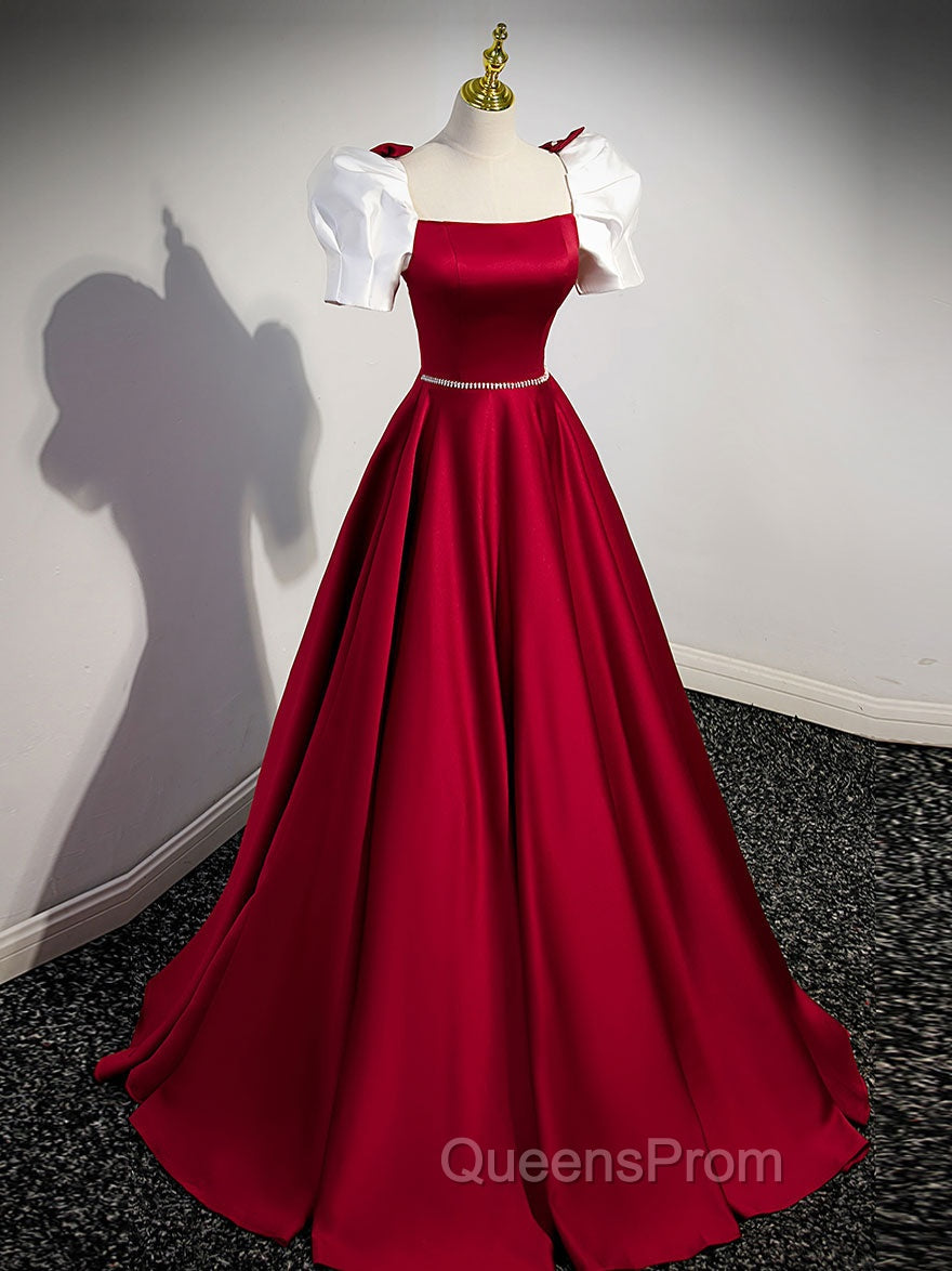 A-Line Satin Burgundy Long Evening Prom Dress, Puffy Sleeve Evening Dress Secondary image