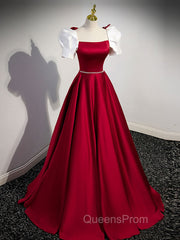 A-Line Satin Burgundy Long Evening Prom Dress, Puffy Sleeve Evening Dress
