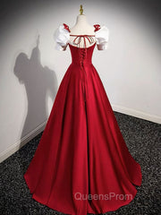 A-Line Satin Burgundy Long Evening Prom Dress, Puffy Sleeve Evening Dress