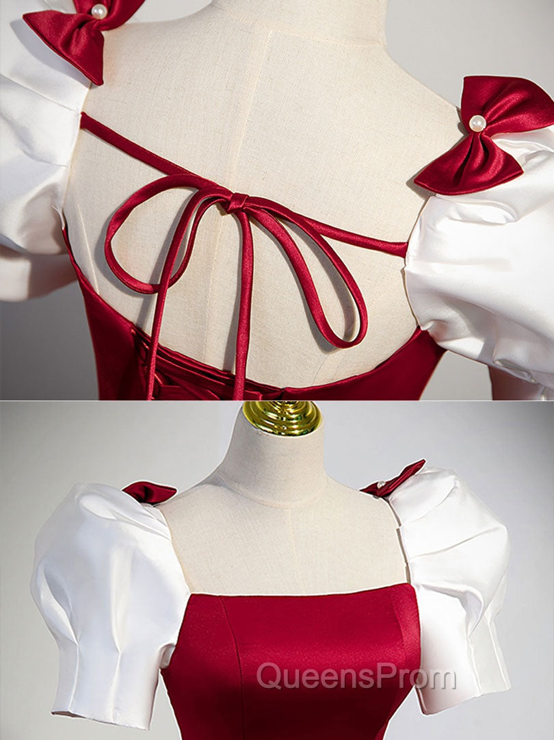 A-Line Satin Burgundy Long Evening Prom Dress, Puffy Sleeve Evening Dress
