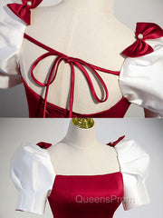 A-Line Satin Burgundy Long Evening Prom Dress, Puffy Sleeve Evening Dress