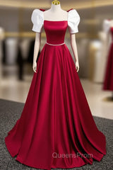 A-Line Satin Burgundy Long Evening Prom Dress, Puffy Sleeve Evening Dress