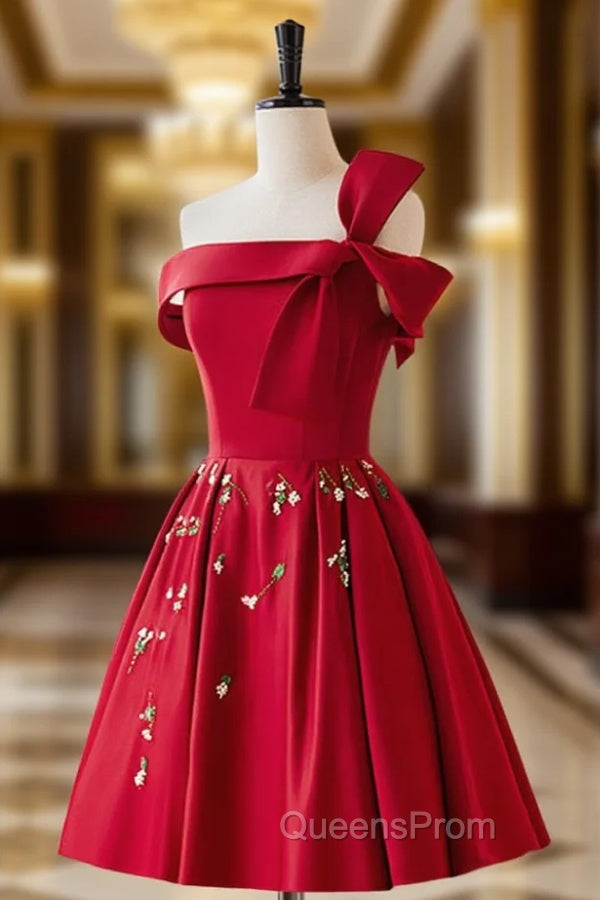 A-Line Satin Burgundy Short Evening Prom Dress, Burgundy Homecoming Dress with Beading