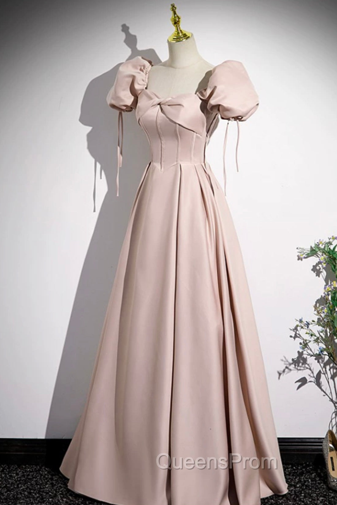 A-Line Satin Floor Length Pink Corset Evening Prom Dress, Off the Shoulder Evening Dress