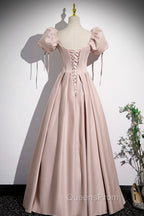 A-Line Satin Floor Length Pink Corset Evening Prom Dress, Off the Shoulder Evening Dress