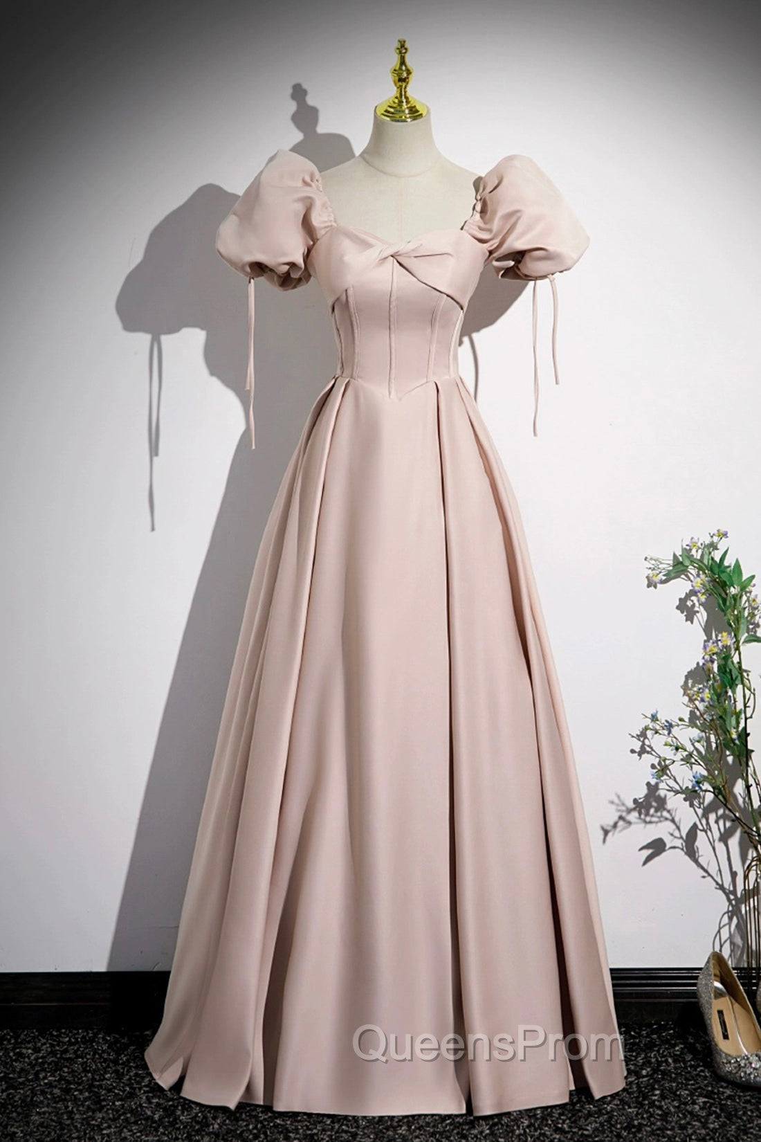 A-Line Satin Floor Length Pink Corset Evening Prom Dress, Off the Shoulder Evening Dress Main image