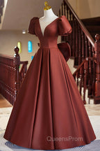 A-Line Satin Floor Length Evening Prom Dress, Elegant Short Sleeve Evening Party Dress