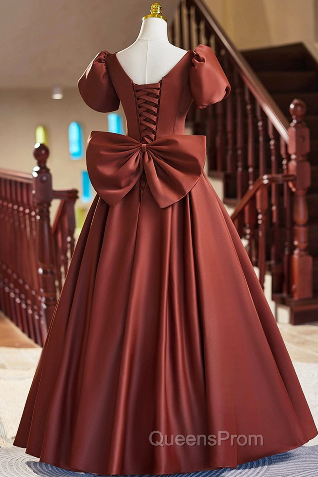 A-Line Satin Floor Length Evening Prom Dress, Elegant Short Sleeve Evening Party Dress