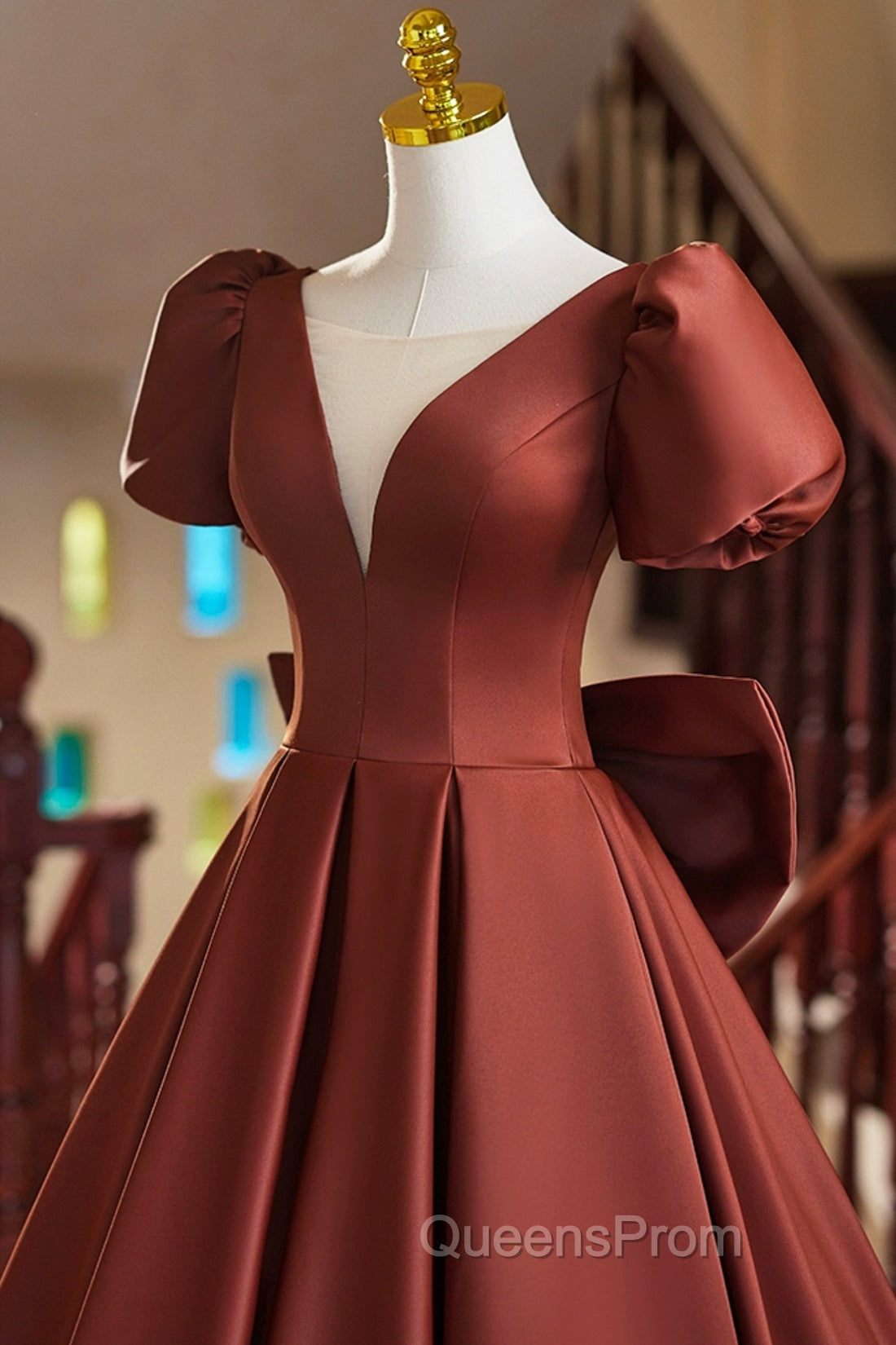 A-Line Satin Floor Length Evening Prom Dress, Elegant Short Sleeve Evening Party Dress