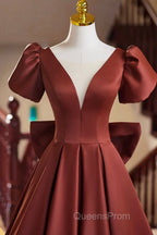A-Line Satin Floor Length Evening Prom Dress, Elegant Short Sleeve Evening Party Dress