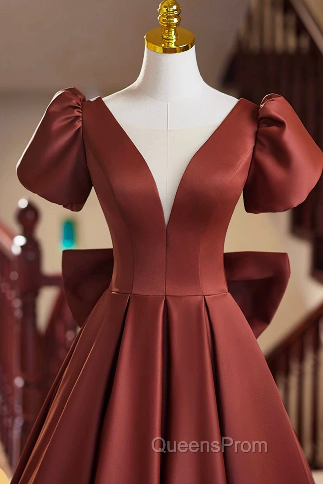 A-Line Satin Floor Length Evening Prom Dress, Elegant Short Sleeve Evening Party Dress