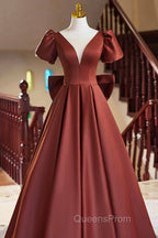 A-Line Satin Floor Length Evening Prom Dress, Elegant Short Sleeve Evening Party Dress