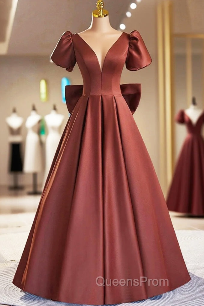A-Line Satin Floor Length Evening Prom Dress, Elegant Short Sleeve Evening Party Dress Main image