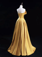 A-Line Satin Gold Long Classy Prom Dress, Gold Long Classy Dress