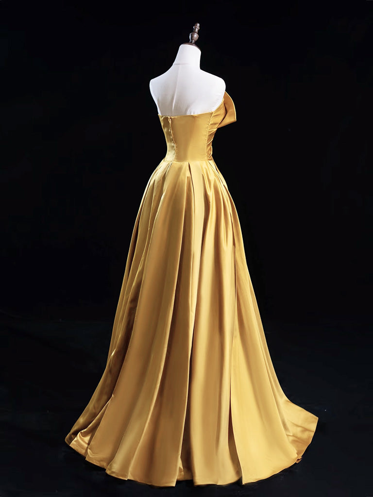 A-Line Satin Gold Long Classy Prom Dress, Gold Long Classy Dress