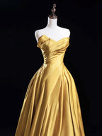 A-Line Satin Gold Long Classy Prom Dress, Gold Long Classy Dress