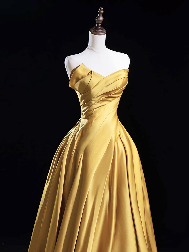 A-Line Satin Gold Long Classy Prom Dress, Gold Long Classy Dress