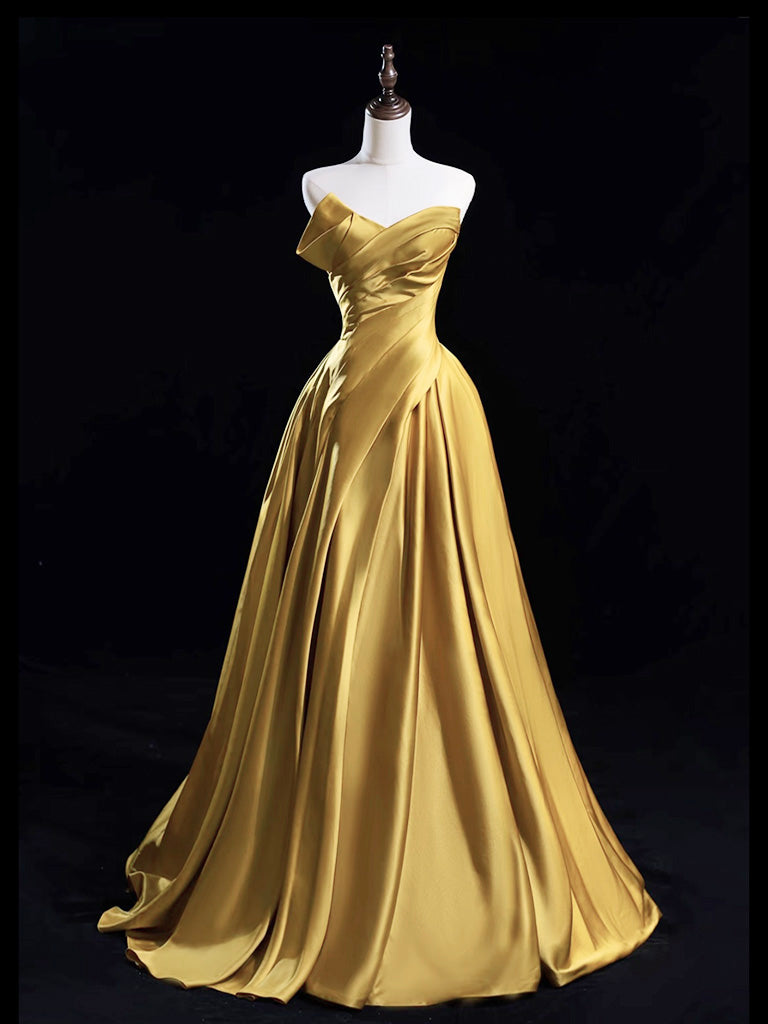 A-Line Satin Gold Long Classy Prom Dress, Gold Long Classy Dress Main image