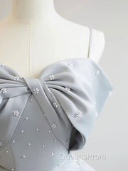 A-Line Satin Gray Long Evening Prom Dress, Gray Long Evening Dress