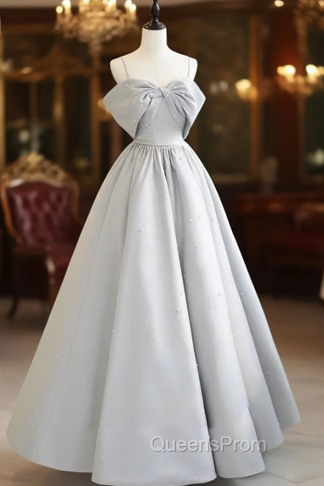A-Line Satin Gray Long Evening Prom Dress, Gray Long Evening Dress
