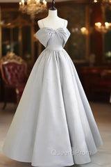 A-Line Satin Gray Long Evening Prom Dress, Gray Long Evening Dress