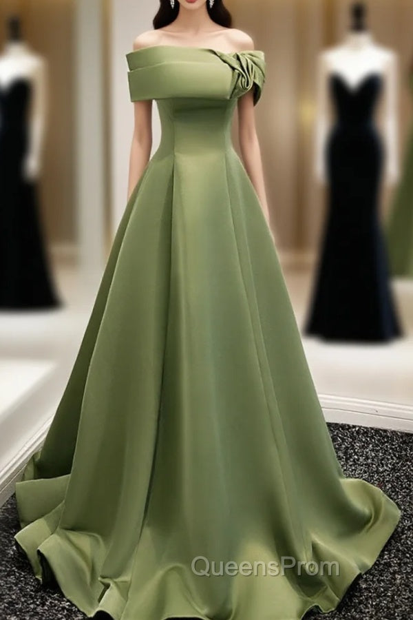 A-Line Satin Green Long Evening Prom Dress, Green Evening Dress Main image