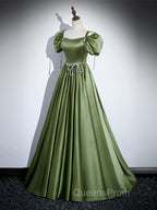 A-Line Satin Green Long Evening Prom Dress, Green Evening Dress