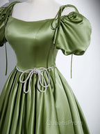 A-Line Satin Green Long Evening Prom Dress, Green Evening Dress