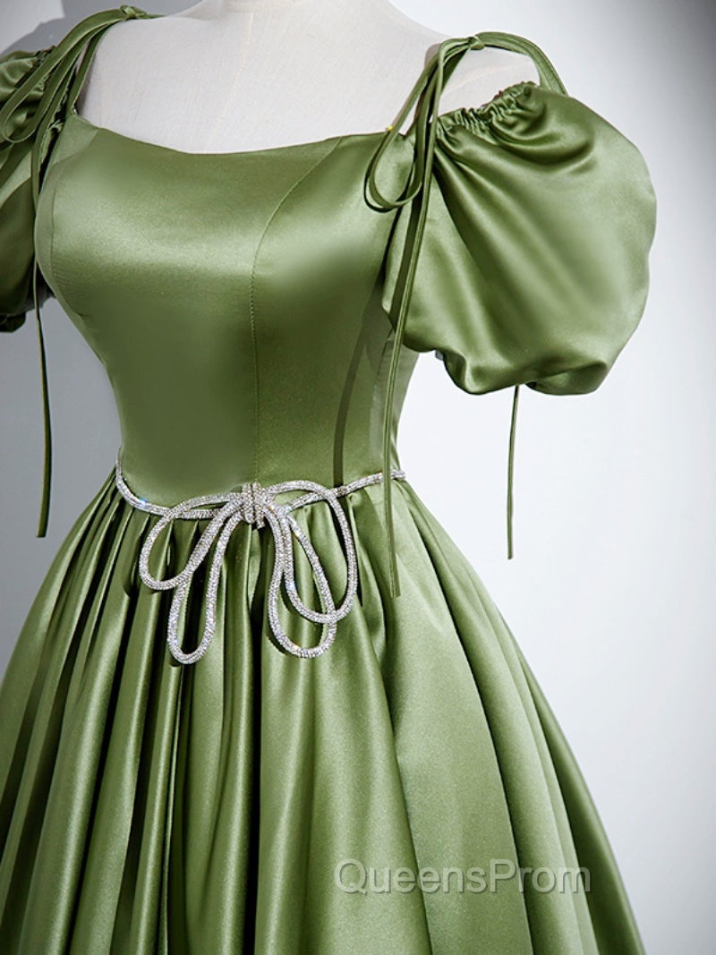 A-Line Satin Green Long Evening Prom Dress, Green Evening Dress