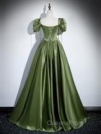 A-Line Satin Green Long Evening Prom Dress, Green Evening Dress