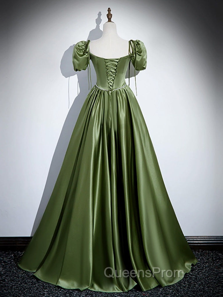 A-Line Satin Green Long Evening Prom Dress, Green Evening Dress