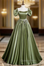 A-Line Satin Green Long Evening Prom Dress, Green Evening Dress