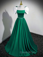 A-Line Satin Green Long Evening Prom Dress, Green A-Line Evening Dress