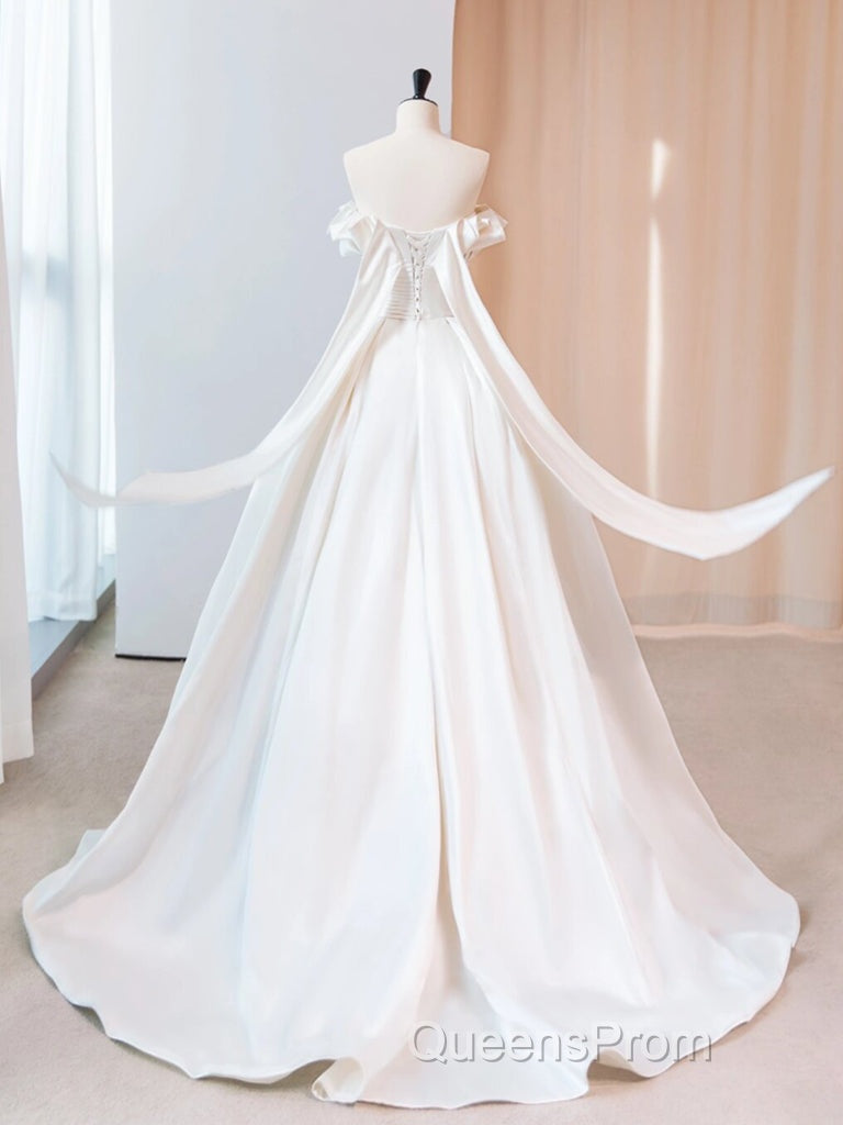 A-Line Satin Ivory Long Evening Prom Dress, Ivory Long Evening Dress