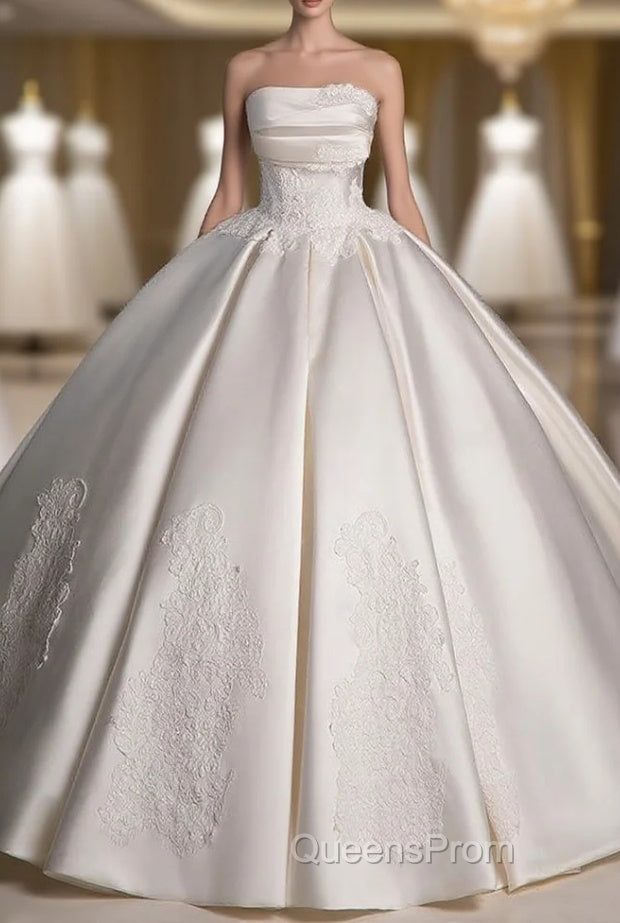 A-Line Satin Lace  ivory Long Wedding Dress, Lace Weeding Party Dress Main image