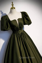 A-Line Satin Long Evening Prom Dress, Dark Green Short Sleeve Evening Graduation Dress