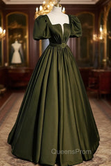 A-Line Satin Long Evening Prom Dress, Dark Green Short Sleeve Evening Graduation Dress