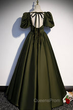 A-Line Satin Long Evening Prom Dress, Dark Green Short Sleeve Evening Graduation Dress