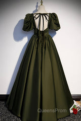 A-Line Satin Long Evening Prom Dress, Dark Green Short Sleeve Evening Graduation Dress