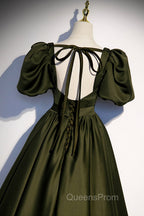 A-Line Satin Long Evening Prom Dress, Dark Green Short Sleeve Evening Graduation Dress