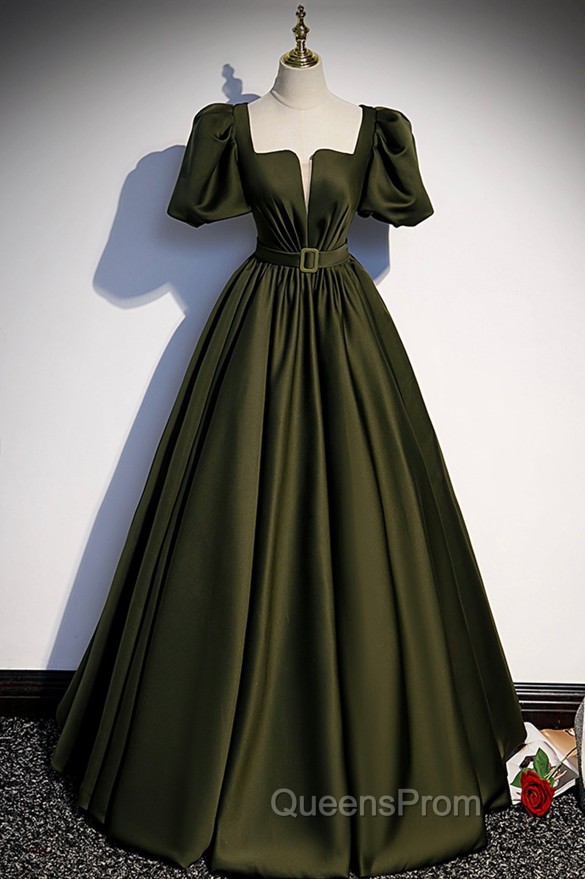 A-Line Satin Long Evening Prom Dress, Dark Green Short Sleeve Evening Graduation Dress Main image