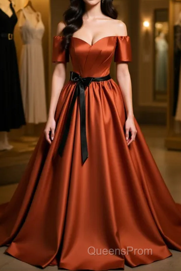 A-Line Satin Orange Long Evening Prom Dress, Orange Formal Evening Dress Main image