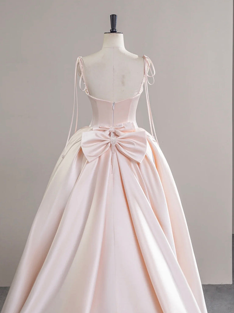 A-Line Satin Pink Champagne Long Classy Prom Dress, Pink Champagne Long Prom Dress