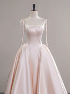 A-Line Satin Pink Champagne Long Classy Prom Dress, Pink Champagne Long Prom Dress