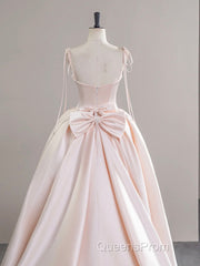 A-Line Satin Pink Champagne Long Evening Prom Dress, Pink Champagne Long Formal Dress