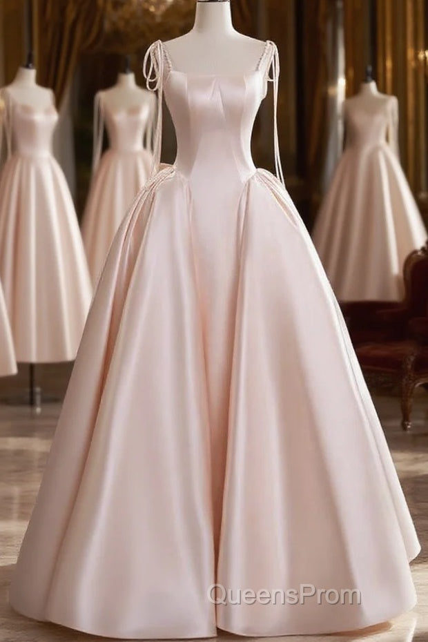 A-Line Satin Pink Champagne Long Evening Prom Dress, Pink Champagne Long Formal Dress Main image