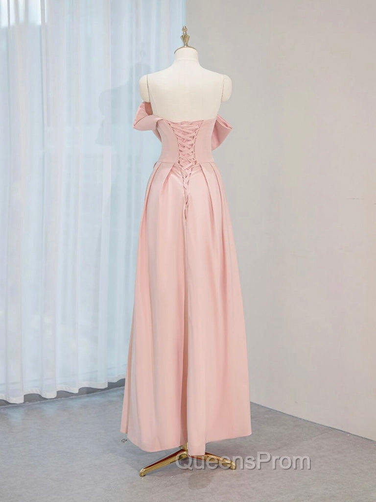 A-Line Satin Pink Long Evening Prom Dress, Pink Long Evening Dress