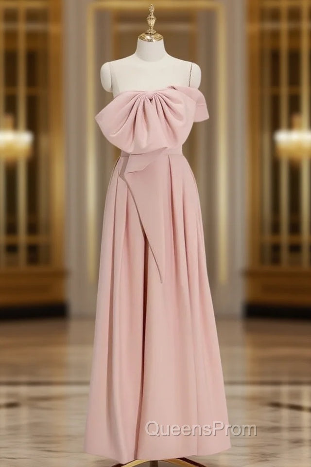 A-Line Satin Pink Long Evening Prom Dress, Pink Long Evening Dress