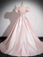 A-Line Satin Pink Quinceanera Dress Long Evening Prom Dress With Bows Short Sleeves